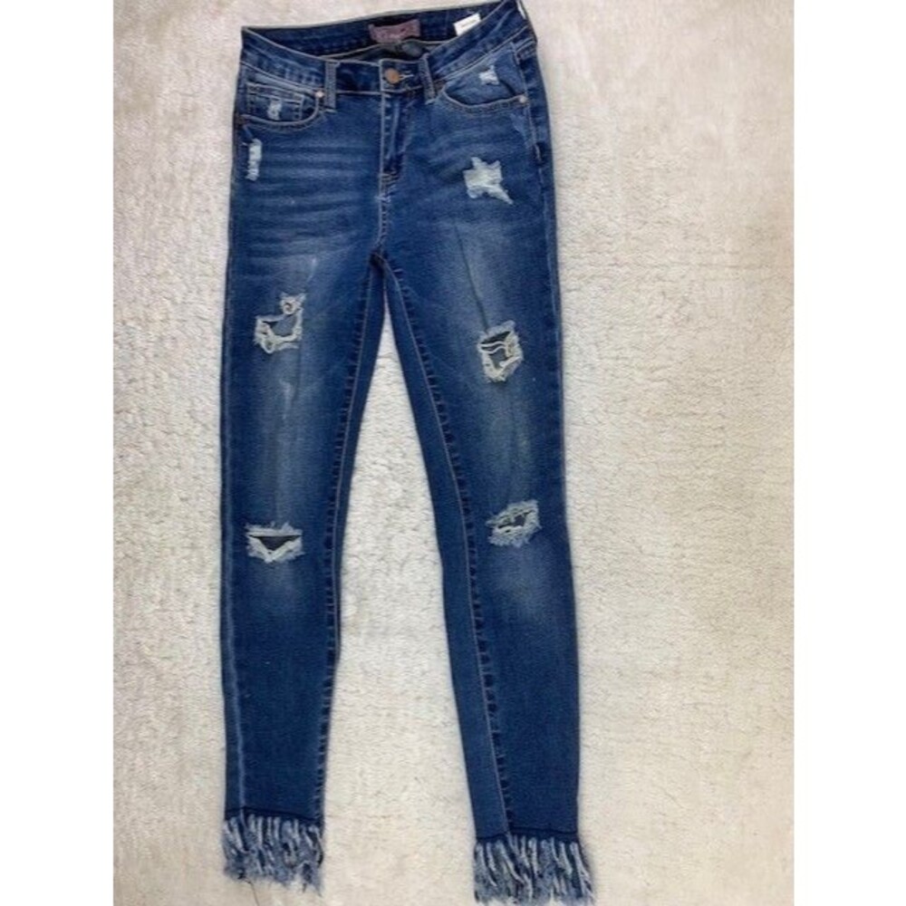 K's More Jeans Womens Size 3 Stretch Distressed Fringe Hem Mid Rise Med Wash